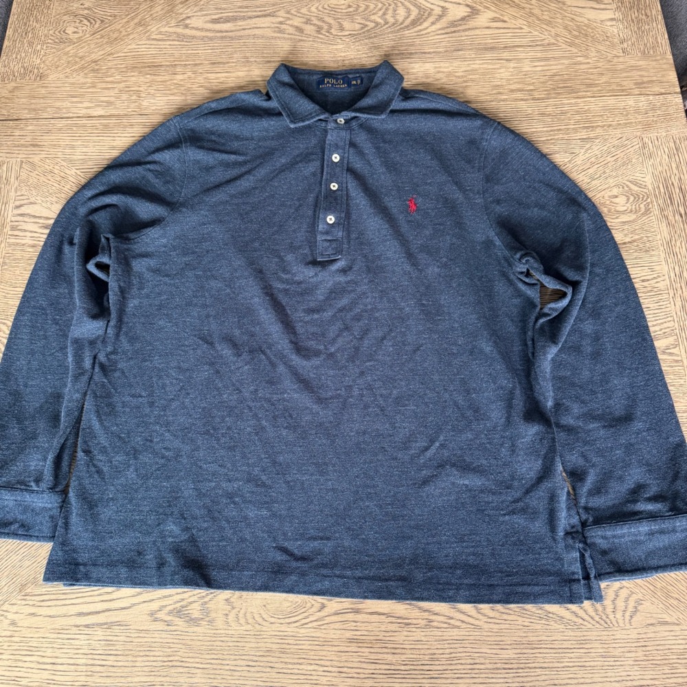Polo Ralph Lauren Mens XXL Long Sleeve Polo Shirt Navy Blue Heather Cotton Pony - Picture 2 of 11